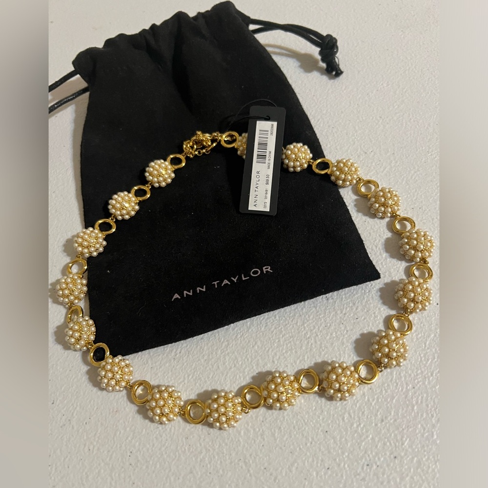 Ann Taylor Factory Gold Tone Faux Pearl Necklace Rhinestone